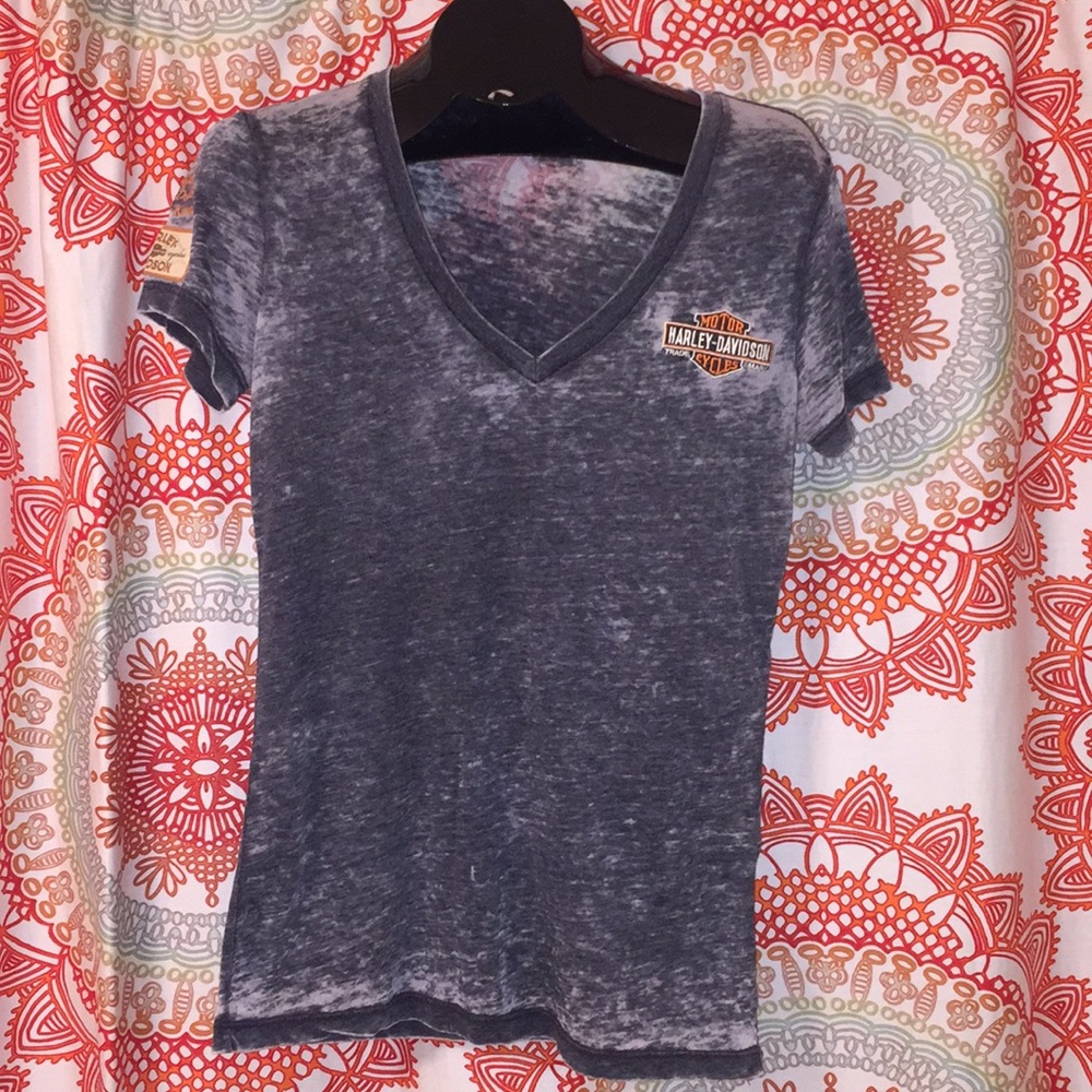 Harley-Davidson faded black & gray V-neck tee with orange logo